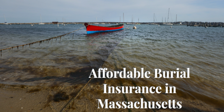 Artistic representation of an affordable burial insurance policy in Massachusetts with visual elements of cost savings and the Massachusetts state outline
