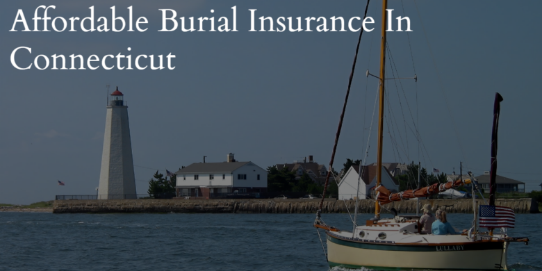 Illustration showing an affordable burial insurance policy in Connecticut, highlighted by a piggy bank icon for affordability and the Connecticut state outline.