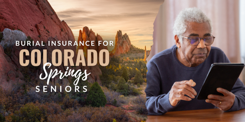 An inspiring picture of a senior from Colorado Springs, proudly browsing his Burial Insurance policy, with the majestic Rocky Mountains subtly featured in the background.