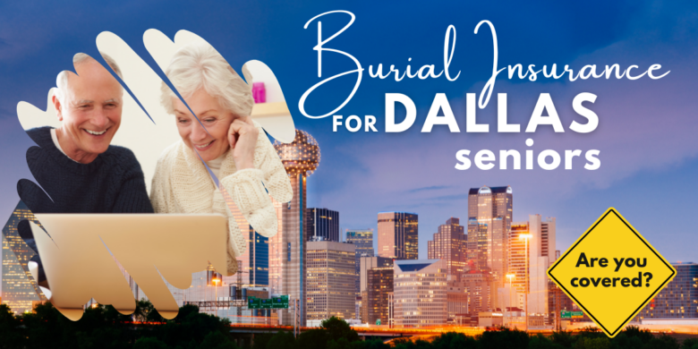 An image showing a serene senior couple from Dallas, Texas, looking at their approved Burial Insurance policy, with the Dallas skyline softly illuminated in the background.
