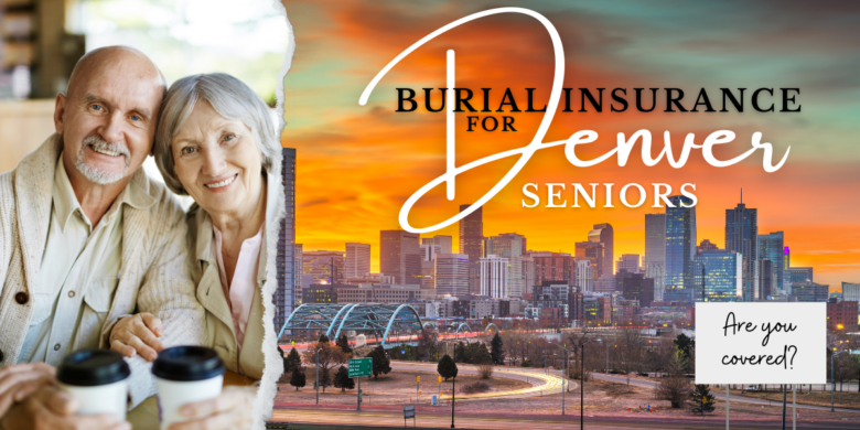 A warm image depicting a senior couple in Denver, smiling at the camera, with the city skyline in sunset subtly present in the background.