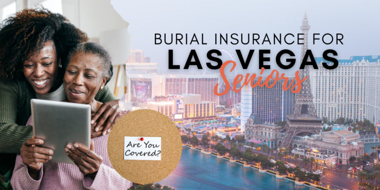 A beautiful cityscape of Las Vegas and a senior citizen in Las Vegas looking at her tablet, exploring burial insurance options.