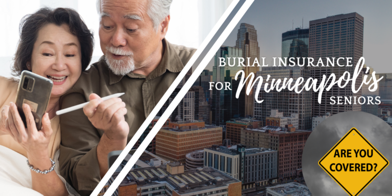 Image of a serene Minneapolis landscape with a close-up of a senior couple happy with their burial insurance policy. Symbols of care, protection, and planning for seniors in the Minneapolis community.
