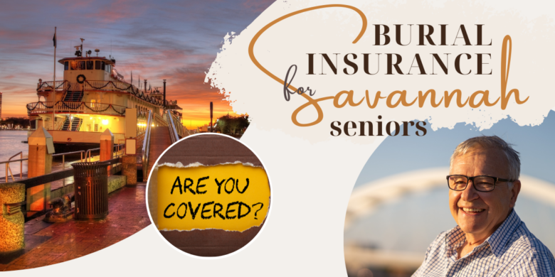 A serene sunset over Savannah's historic cityscape, with an overlay text that reads 'Secure Your Peace of Mind with Burial Insurance for Savannah Seniors.