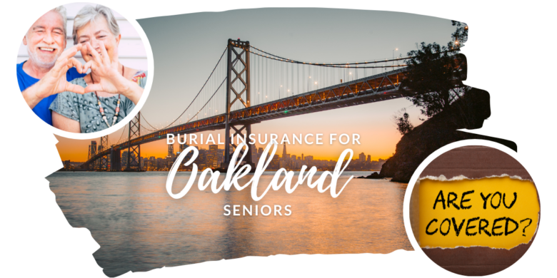 A picture of a peaceful Oakland city landscape at sunset with the silhouette of a senior couple holding hands, symbolizing the serene and secure future offered by burial insurance for Oakland seniors.