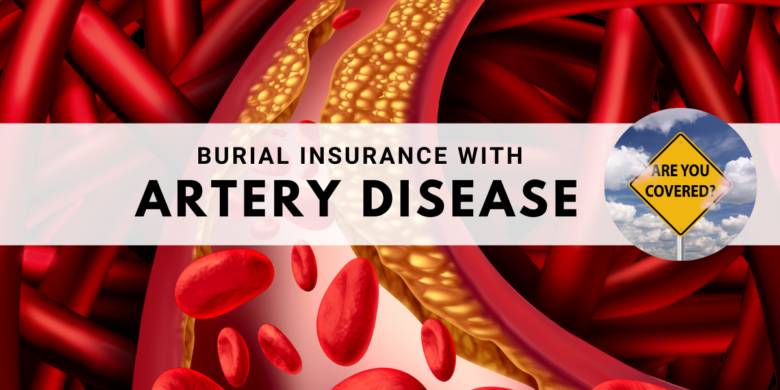 Illustrated heart with arteries highlighted next to a burial insurance policy emblem.