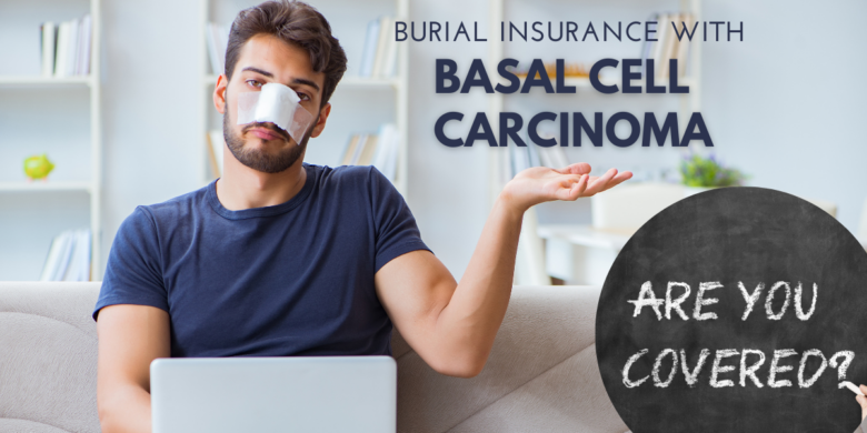 Man with a white bandage covering his nose, indicative of Basal Cell Carcinoma treatment, alongside a burial insurance policy document on his laptop.