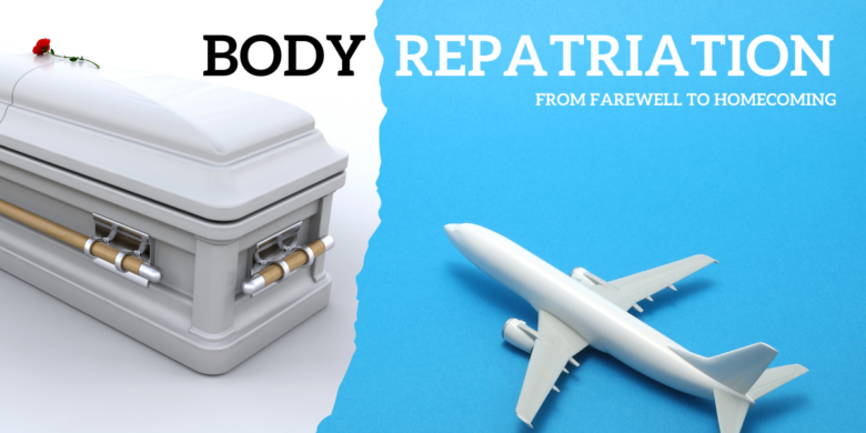 An illustration showcasing an airplane, a casket adorned with flowers, symbolizing the solemn process of body repatriation.