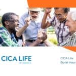 Group of senior friends enjoying a moment of camaraderie outdoors with the CICA Life logo and text 'Burial Insurance Review'.