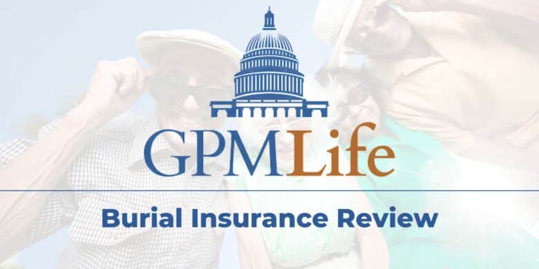 Joyful senior couple with sunglasses and GPM Life logo overlay, with the Capitol building in the background, promoting GPM Life Burial Insurance Review.
