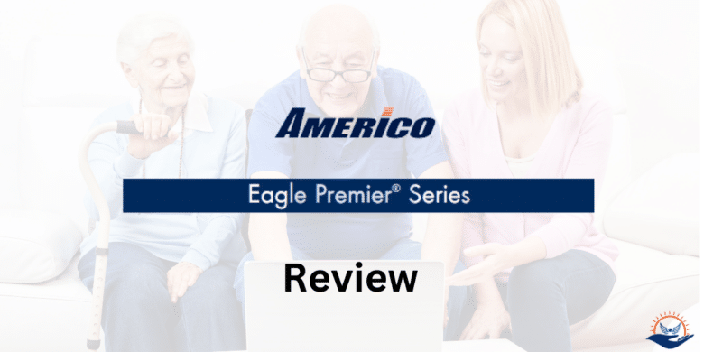 Elderly couple with a caregiver reviewing Americo Eagle Premier Series insurance policy on a laptop